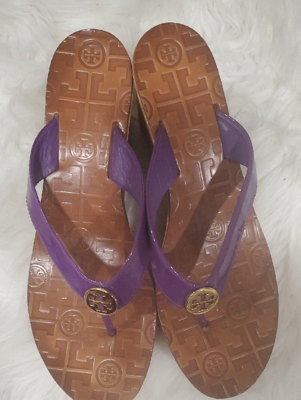 Tory Burch Purple Leather Logo Thong  Wedge Sandals - Picture 15 of 15